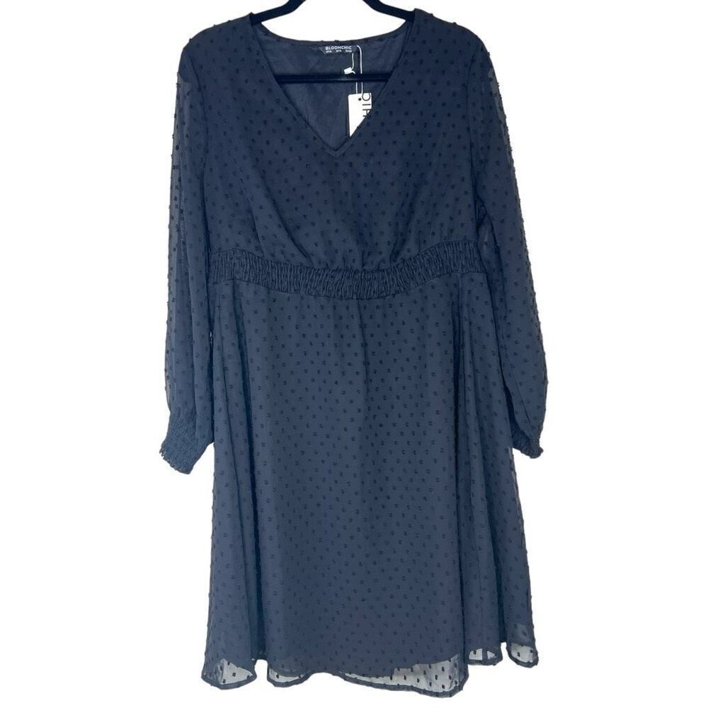 NEW Bloomchic Lantern Sleeve Swiss Dot‎ Black Midi Dress M